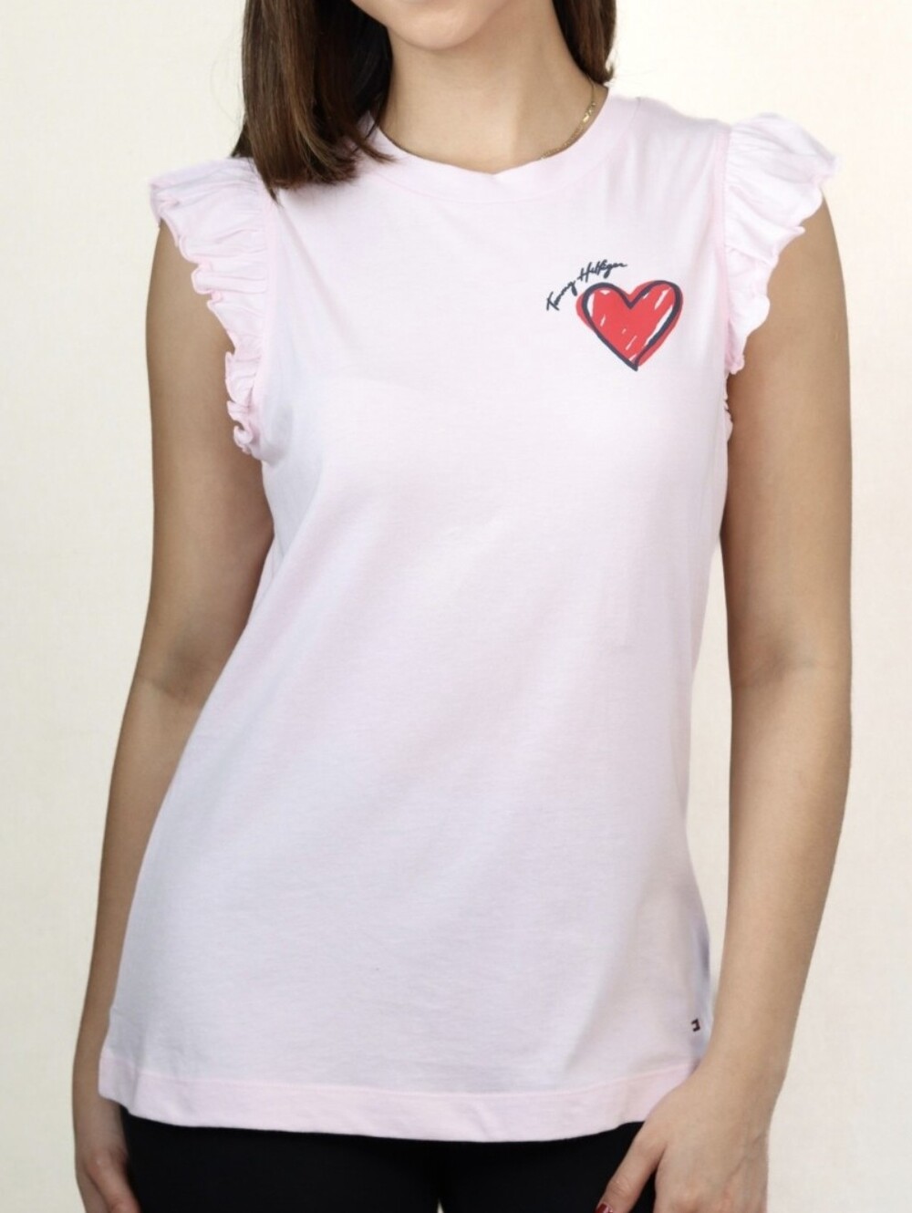 Tommy Hilfiger 100% Cotton Ruffled Pink Tank Top with Heart Graphic, size S